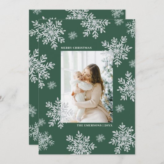 Carte Green Elegant Joyeux Noël Snowflake Card (Devant / Derrière)
