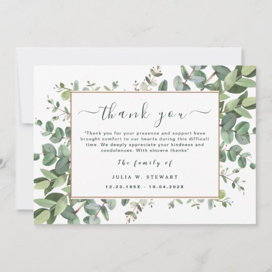 Carte Green Eucalyptus Funérailles simples Merci Note (Devant)