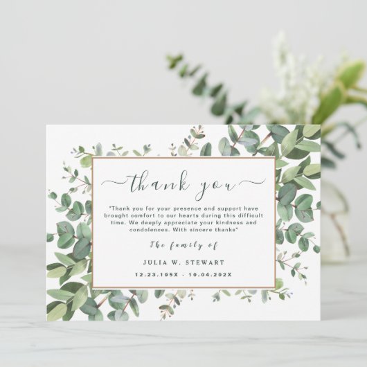 Carte Green Eucalyptus Funérailles simples Merci Note (Debout devant)