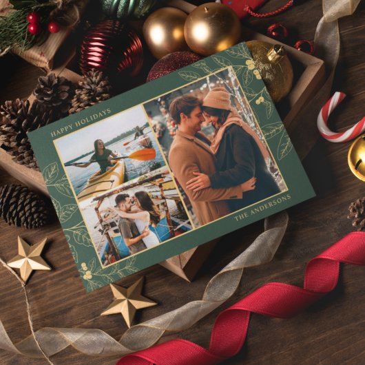 Carte Green Gold Botanical Three Photo Noël