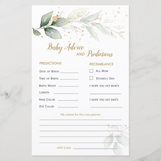 Carte Green & Gold Foliage Baby Prediction & Conse (Devant)