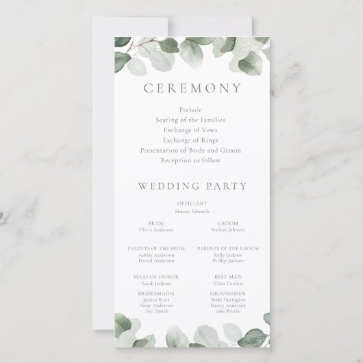 Carte Green Leaf Elegant Modern Mariage Ceremony Program (Dos)