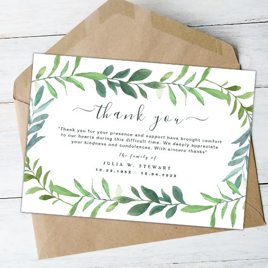 Carte Green Rustic Eucalyptus Funérailles Merci Note