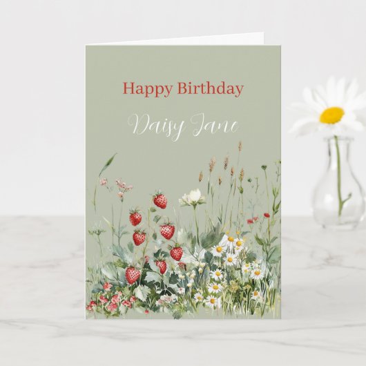 Carte Green Strawberries Daisy Flowers Birthday (Petite plante)