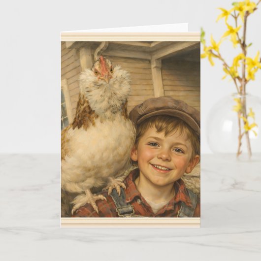 Carte Greeting Card -Cute Boy With Chicken  (Fleur jaune)