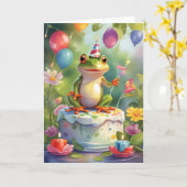 Carte Grenouille avec gâteau, bougies et ballons (Fleur jaune)