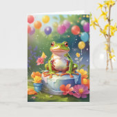 Carte Grenouille avec gâteau et ballons (Fleur jaune)