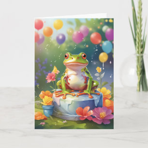 Carte Grenouille avec gâteau et ballons