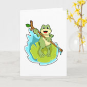 Carte Grenouille comme randonneur avec bâton (Fleur jaune)