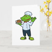 Carte Grenouille cuisinier avec plat de service et poule (Fleur jaune)