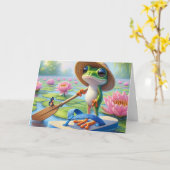 Carte Grenouille d'anniversaire flottant sur un tonneau (Fleur jaune)