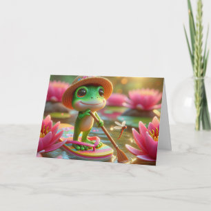 Carte Grenouille d'anniversaire sur un tonneau dans un é