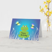 Carte Grenouille et papillon mignons. Joyeux (Fleur jaune)