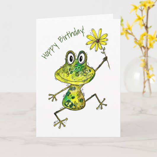 Carte Grenouille heureuse et fantaisiste mignonne (Fleur jaune)