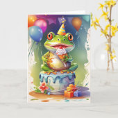 Carte Grenouille souriante sur gâteau d'anniversaire ! (Fleur jaune)