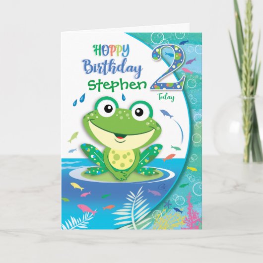 Carte Grenouille verte de l'anniversaire Hoppy, Garçon 2 (Devant)