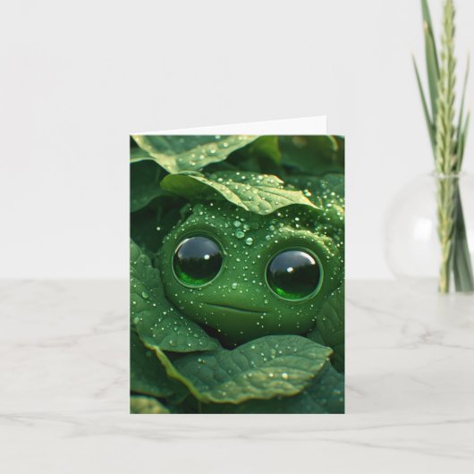Carte Grenouille verte mignonne cachée dans des feuilles (Devant)
