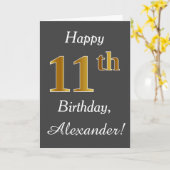 Carte Grey, Faux Gold 11e anniversaire + Nom personnalis (Fleur jaune)