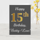 Carte Grey, Faux Gold 15e anniversaire + Nom personnalis (Fleur jaune)