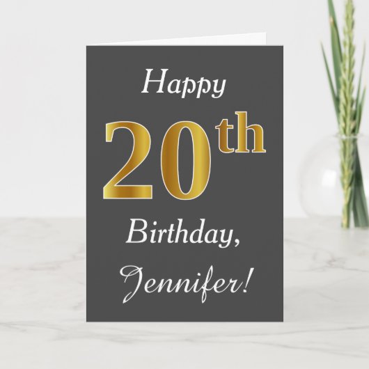 Carte Grey, Faux Gold 20e anniversaire + Nom personnalis (Devant)