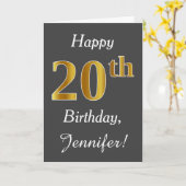 Carte Grey, Faux Gold 20e anniversaire + Nom personnalis (Fleur jaune)