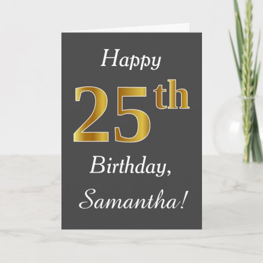 Carte Grey, Faux Gold 25e anniversaire + Nom personnalis (Devant)