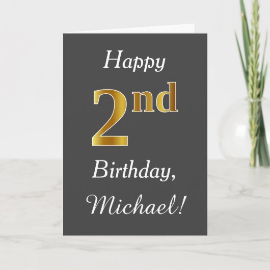Carte Grey, Faux Gold 2e anniversaire + Nom personnalisé (Devant)
