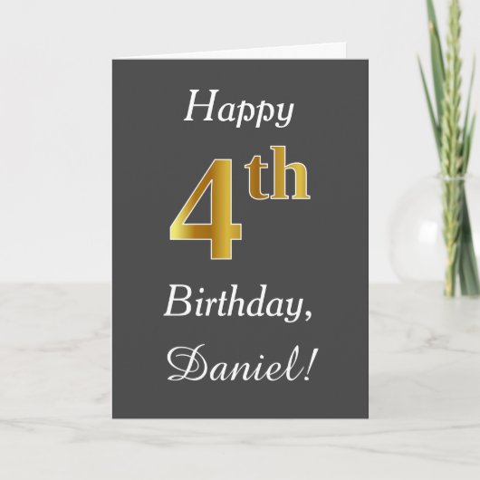 Carte Grey, Faux Gold 4th Birday + Nom personnalisé (Devant)