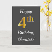 Carte Grey, Faux Gold 4th Birday + Nom personnalisé (Fleur jaune)