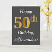 Carte Grey, Faux Gold 50th Birthday + Nom personnalisé (Fleur jaune)