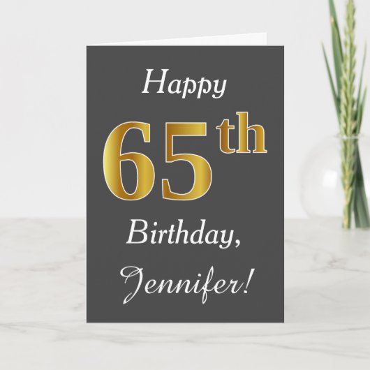 Carte Grey, Faux Gold 65e anniversaire + Nom personnalis (Devant)