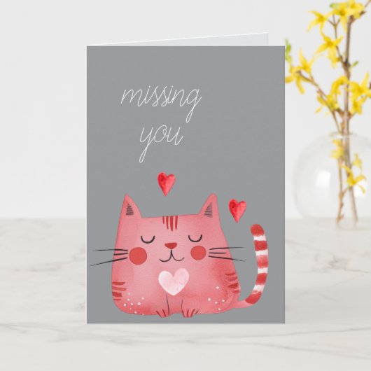 Carte Grey Red Chat Hearts Missing You (Fleur jaune)
