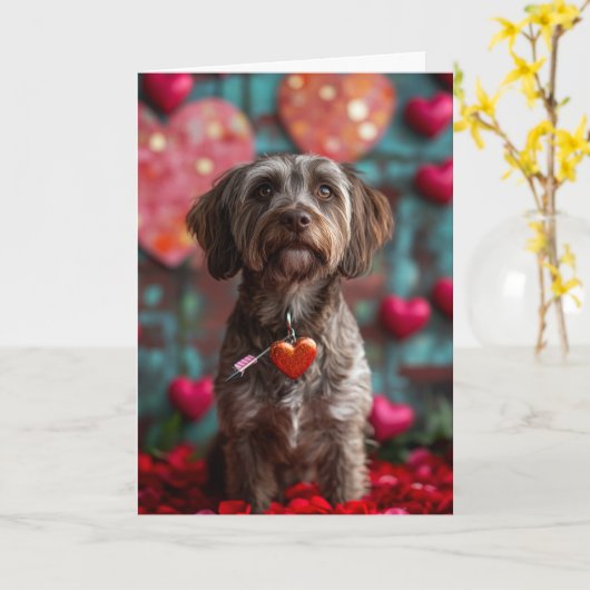 Carte Griffon d'arrêt à poil dur Cœurs Saint-Valentin (Fleur jaune)