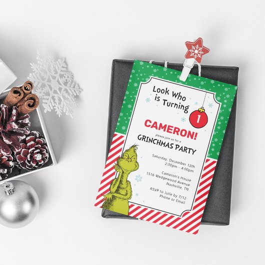 Carte Grinch Flacon de neige rouge et vert 1er anniversa