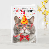Carte Gris et Marbre blanc Chat MEOWvelous Anniversaire (Fleur jaune)