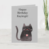 Carte Gris Noir Rose Coeur Chat Anniversaire (Devant)