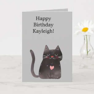 Carte Gris Noir Rose Coeur Chat Anniversaire