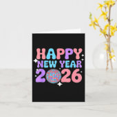 Carte Groovy Cute Happy New Year 2026 Disco Ball  (Fleur jaune)