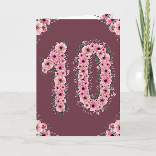 Carte Gros 10e anniversaire Fleurs roses Fleurs vertes F (Devant)