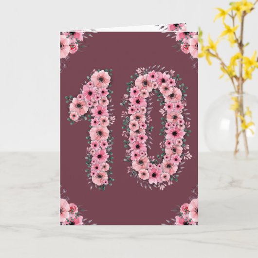 Carte Gros 10e anniversaire Fleurs roses Fleurs vertes F (Fleur jaune)