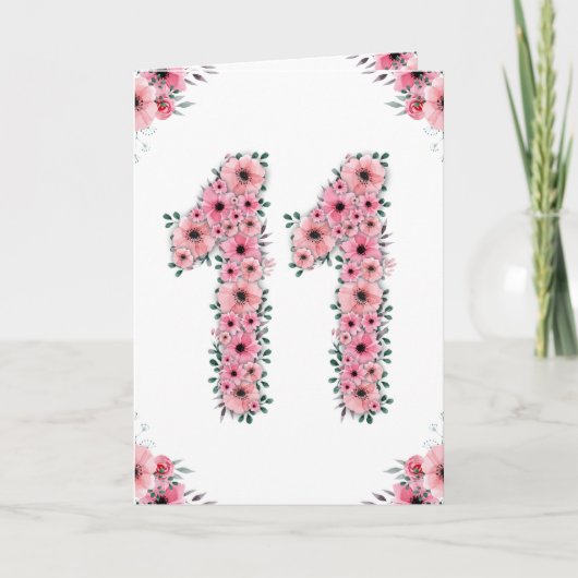 Carte Gros 11e anniversaire fille Fleurs roses Lieux ver (Devant)