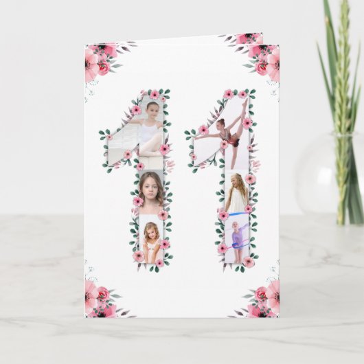 Carte Gros 11e anniversaire fille photo Collage Fleur ro (Devant)
