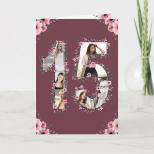 Carte Gros 15e anniversaire Photo Collage Fille Fleur ro