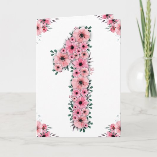 Carte Gros 1er Anniversaire Fleurs Roses Fleurs Vertes F (Devant)