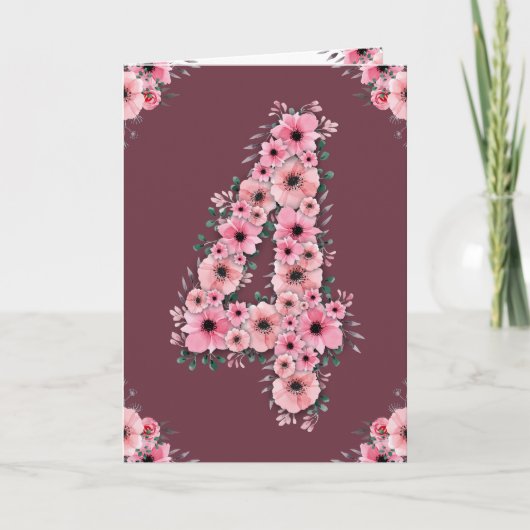 Carte Gros 4e anniversaire Fleurs roses Fleurs vertes Fi (Devant)