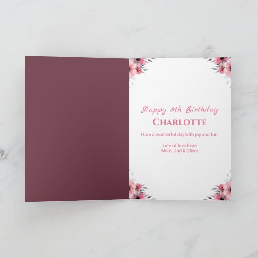 Carte Gros 8e anniversaire Fleurs roses Green Foliage Gi (Intérieur)