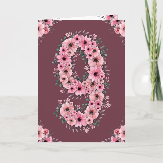Carte Gros 9 Anniversaire Fleurs Roses Fleurs Vertes Fil (Devant)