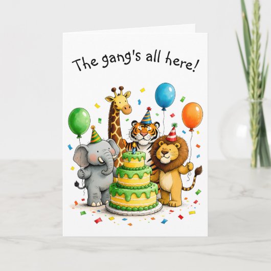 Carte Group Birthday Whimsical Animals in Party Hats (Devant)