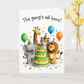 Carte Group Birthday Whimsical Animals in Party Hats (Fleur jaune)