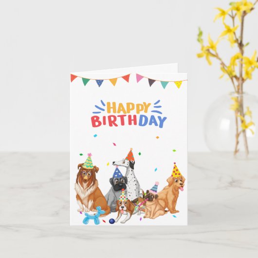 Carte Groupe de chiens races fête joyeux anniversaire (Fleur jaune)